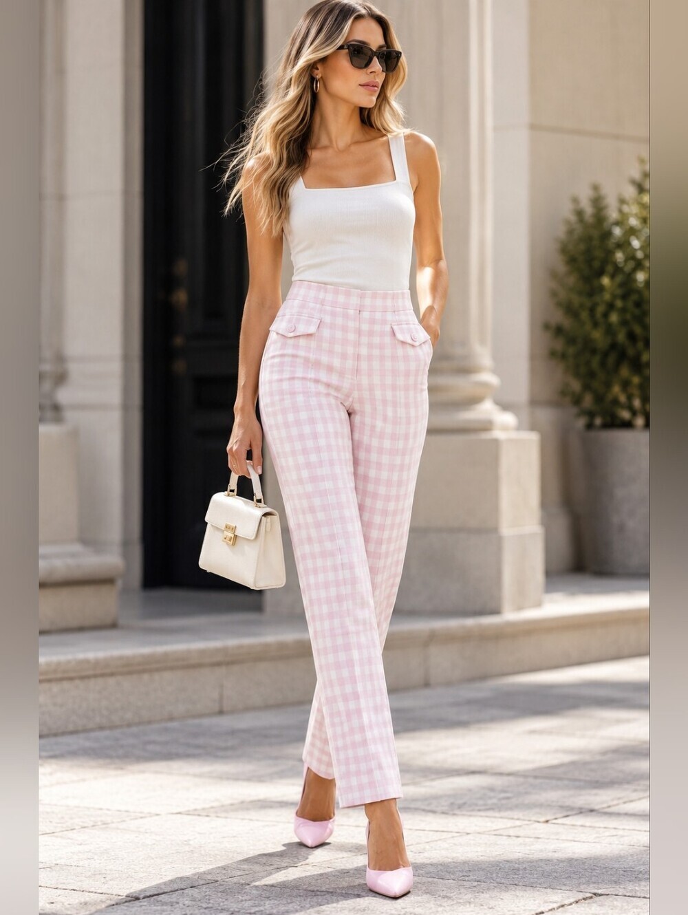 River Island Pink Gingham High Waist Cigarette Pants UK 8 US 4